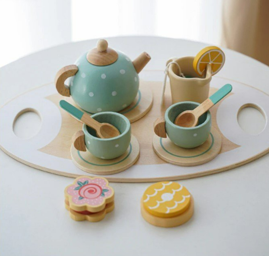 Wooden Tea Set | Green Polka Dot Set of 15