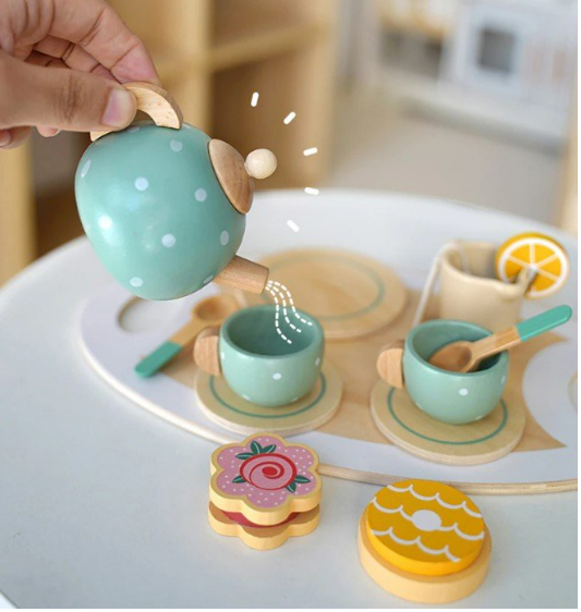 Wooden Tea Set | Green Polka Dot Set of 15