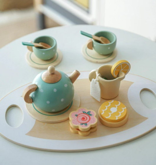Wooden Tea Set | Green Polka Dot Set of 15