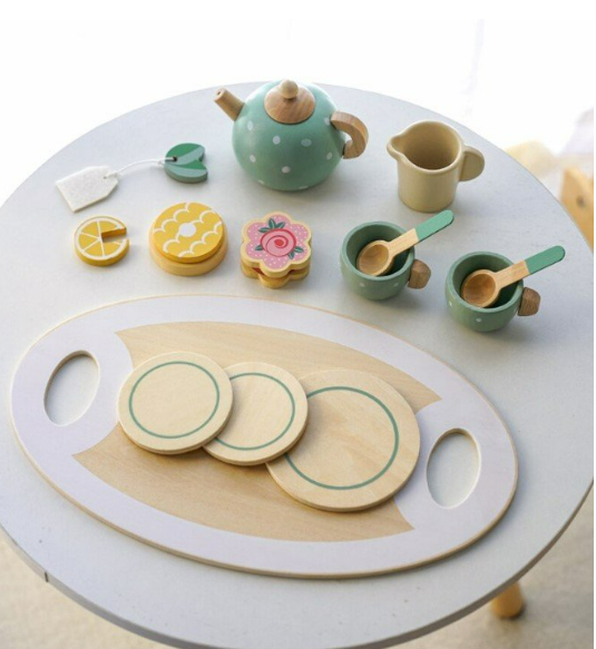 Wooden Tea Set | Green Polka Dot Set of 15