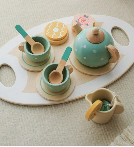 Wooden Tea Set | Green Polka Dot Set of 15