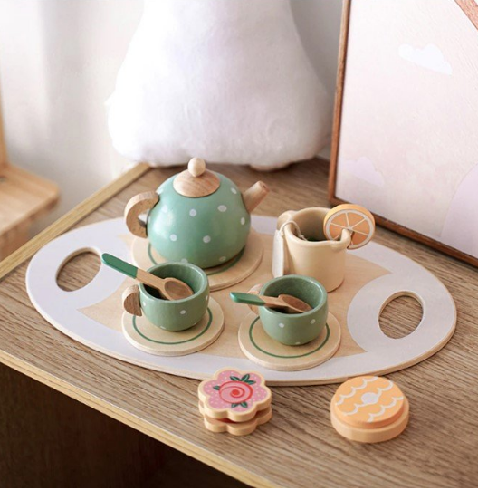 Wooden Tea Set | Green Polka Dot Set of 15