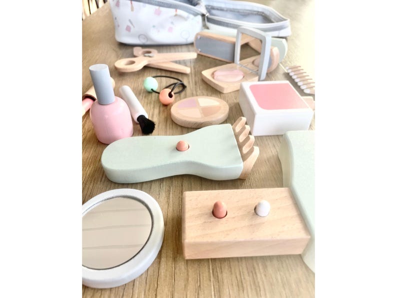 Personalized Wooden Beauty Play Set, Custom Name Kid Makeup & Hair Toy Gift