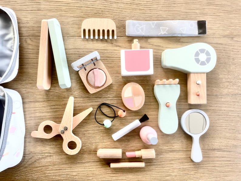 Personalized Wooden Beauty Play Set, Custom Name Kid Makeup & Hair Toy Gift