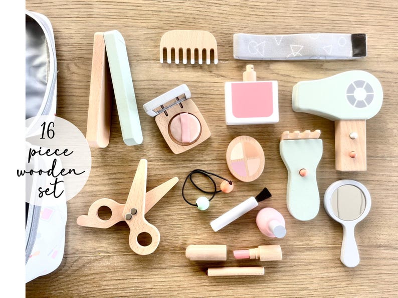 Personalized Wooden Beauty Play Set, Custom Name Kid Makeup & Hair Toy Gift