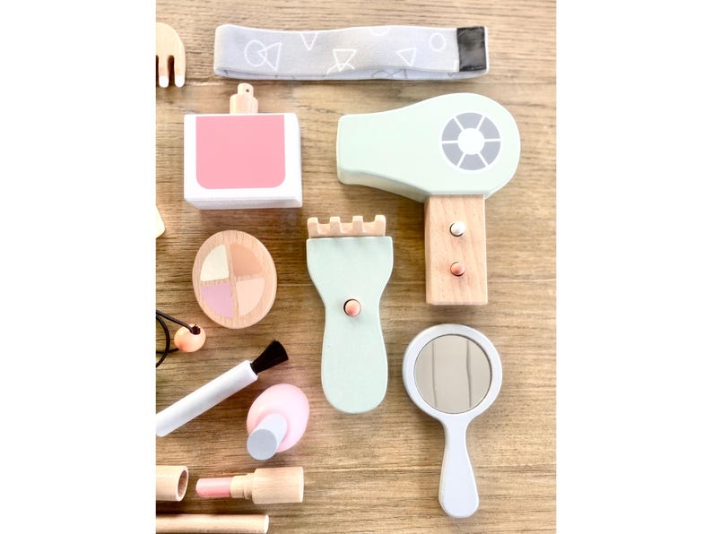 Personalized Wooden Beauty Play Set, Custom Name Kid Makeup & Hair Toy Gift