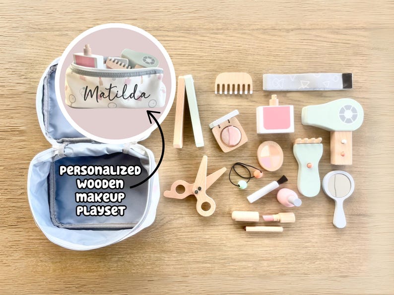 Personalized Wooden Beauty Play Set, Custom Name Kid Makeup & Hair Toy Gift