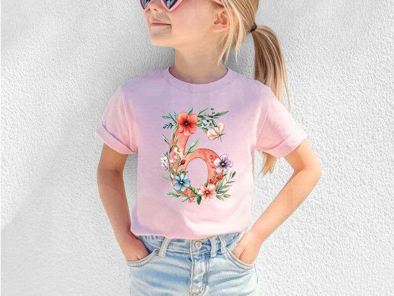 6th Birthday Girl T-Shirt – Floral Watercolor Tee for Kindergarten & Party Outfit