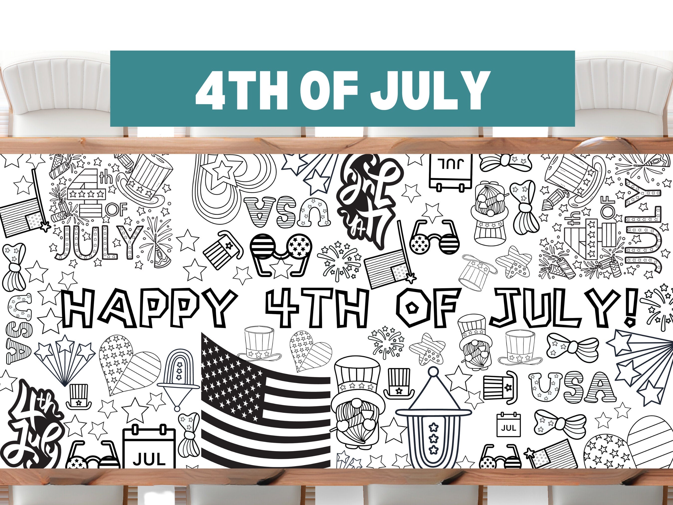 4th of July Coloring Banner Independence Day Party Personalized Poster Table Cover Custom Paper Tablecloth for Party 24"x72" Kid Party 2025