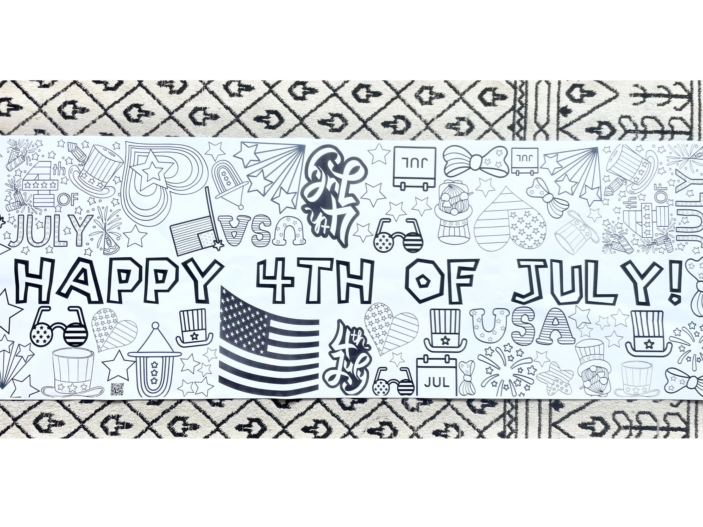 4th of July Coloring Banner Independence Day Party Personalized Poster Table Cover Custom Paper Tablecloth for Party 24"x72" Kid Party 2025