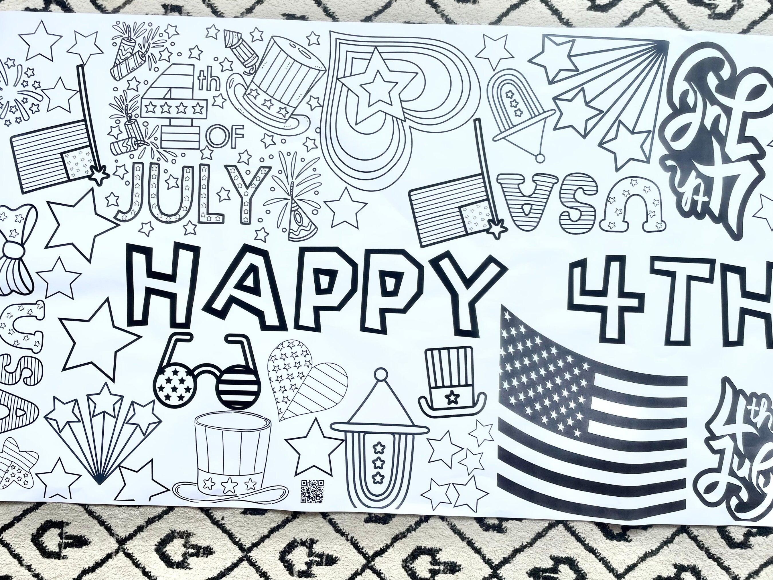 4th of July Coloring Banner Independence Day Party Personalized Poster Table Cover Custom Paper Tablecloth for Party 24"x72" Kid Party 2025