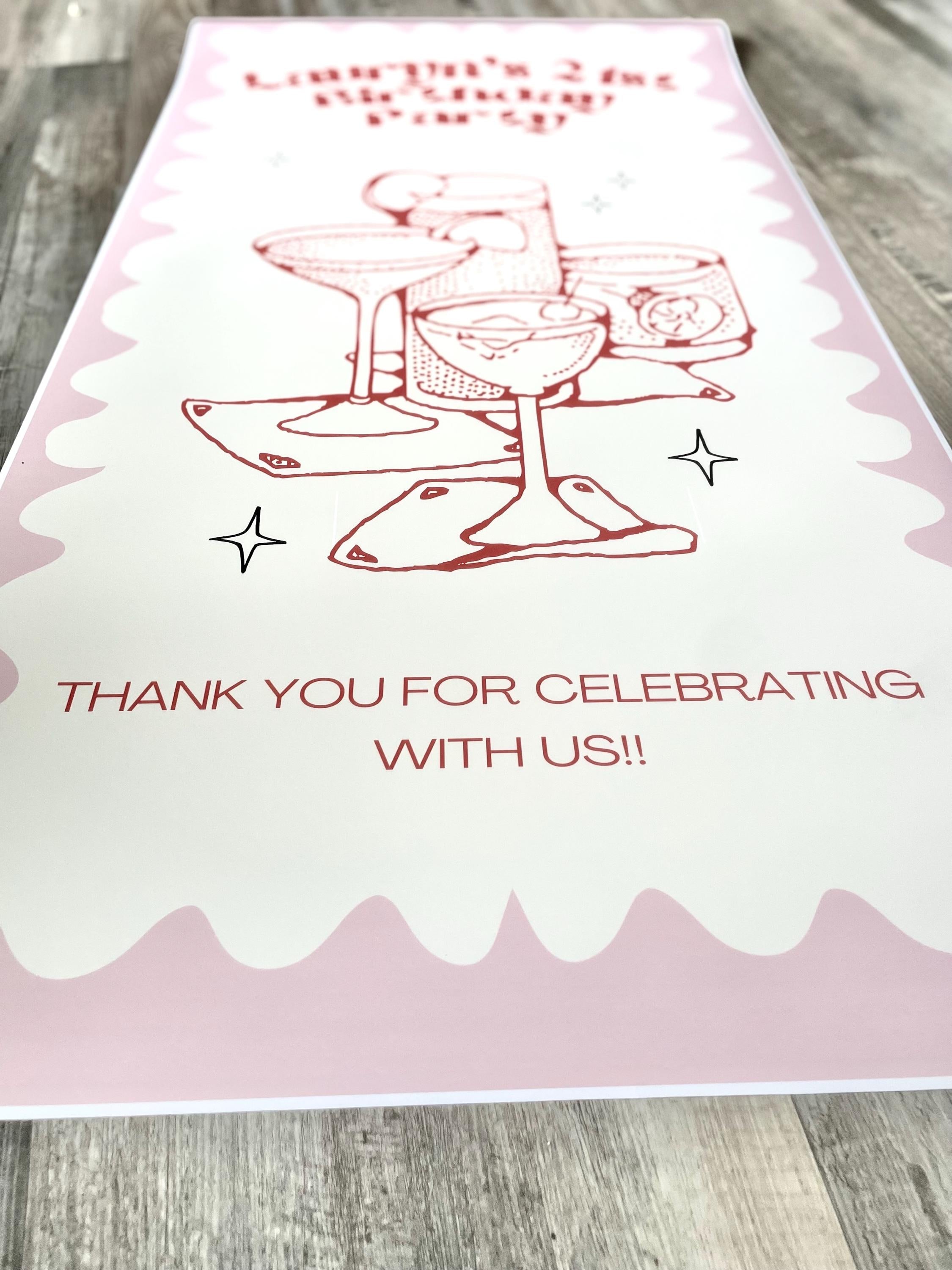 21st Birthday Custom Sign Backdrop Banner Decoration Signage Decor Photo Prop Wavy Pink Squiggly Drink Cocktail Classy Retro Personalized