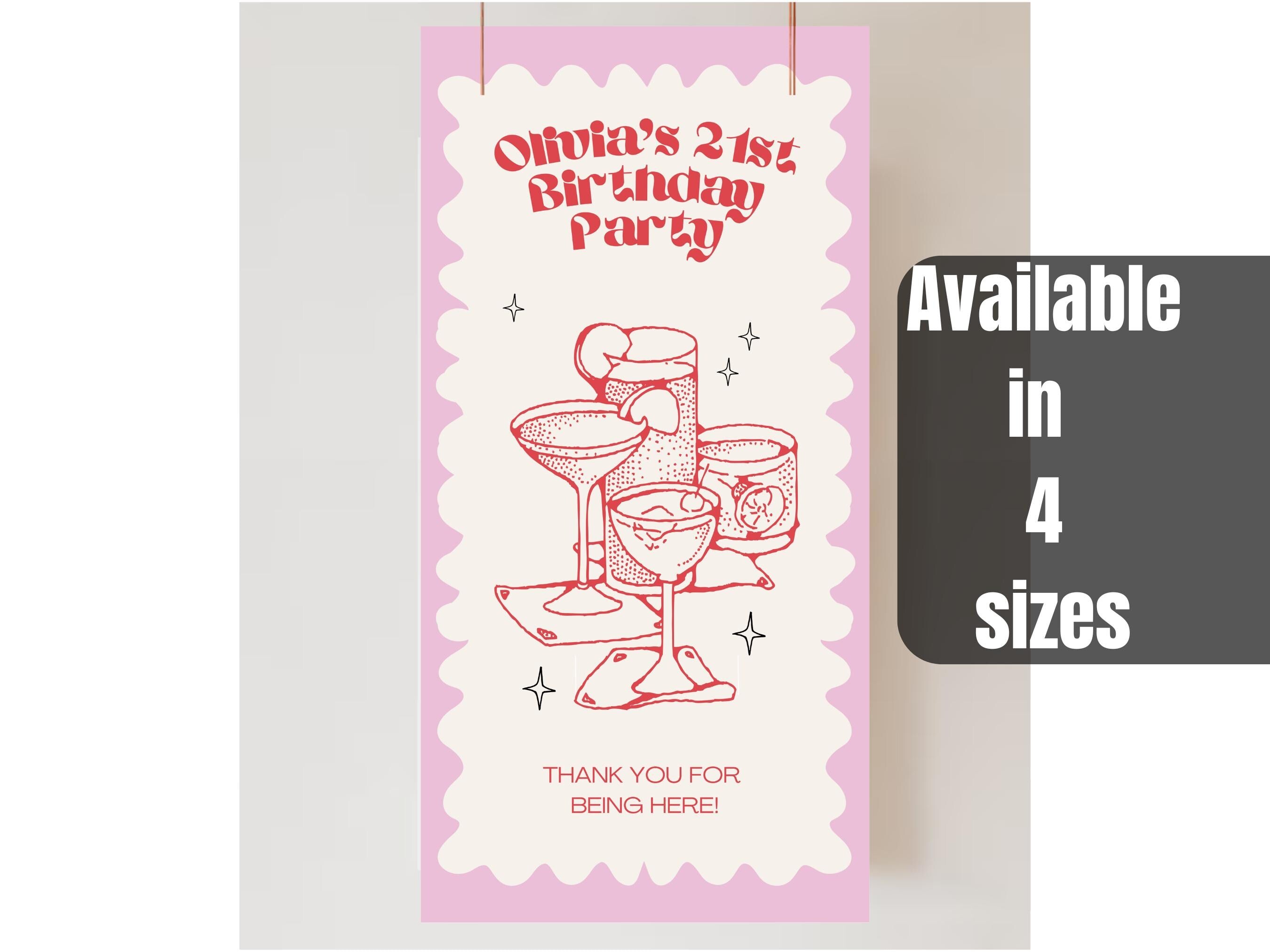 21st Birthday Custom Sign Backdrop Banner Decoration Signage Decor Photo Prop Wavy Pink Squiggly Drink Cocktail Classy Retro Personalized