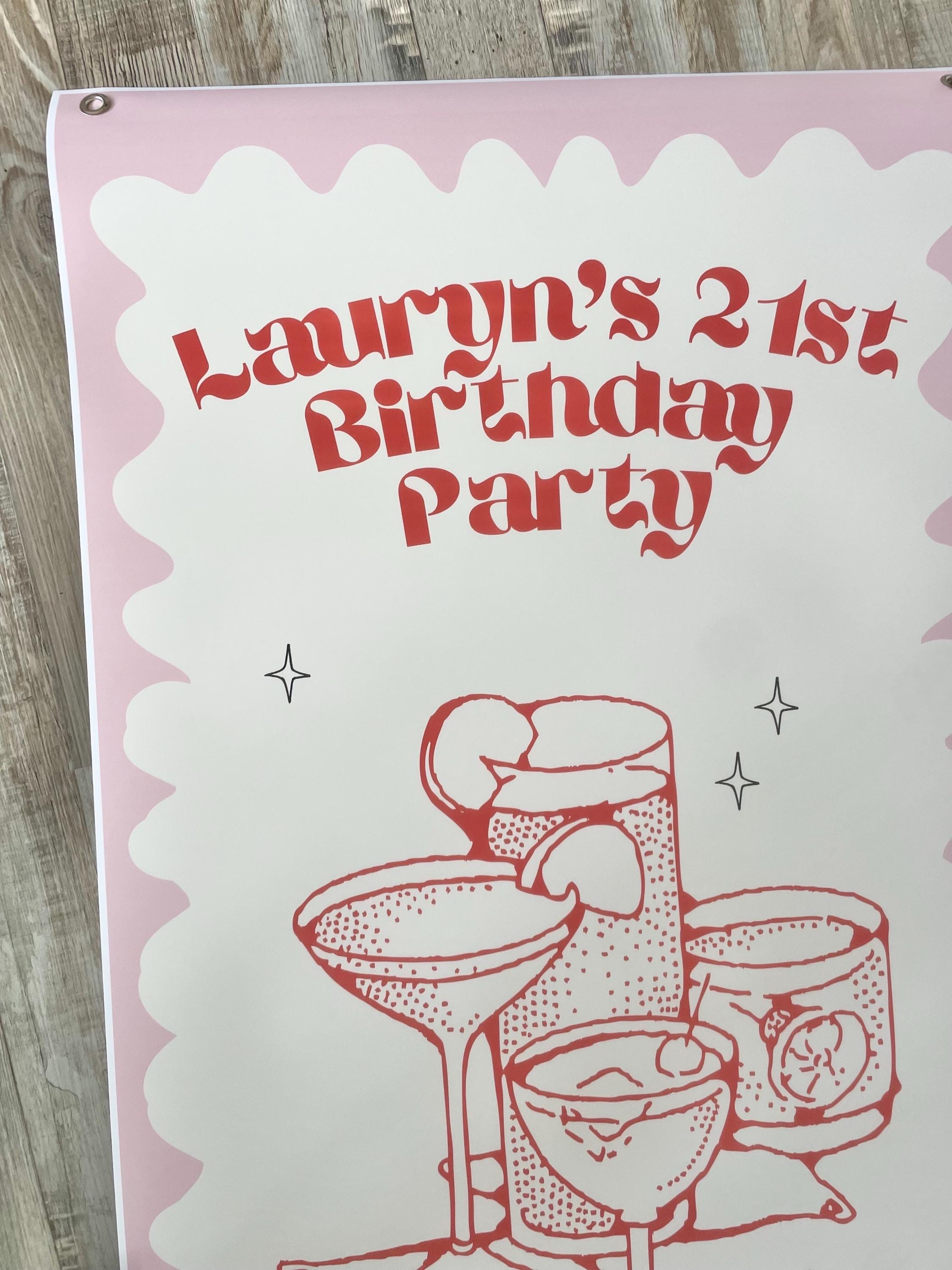 21st Birthday Custom Sign Backdrop Banner Decoration Signage Decor Photo Prop Wavy Pink Squiggly Drink Cocktail Classy Retro Personalized