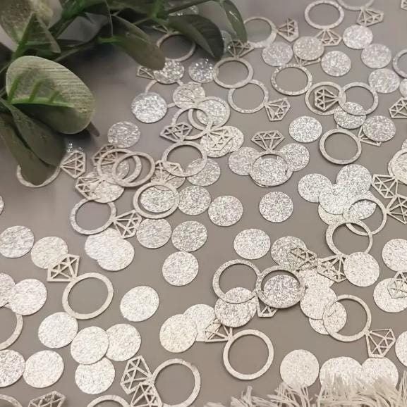 100 Piece Set Sparkling Diamond Ring Confetti Wedding Confetti Bridal Shower Decor Engagement Party Glitter Table Decor Supply Silver idea